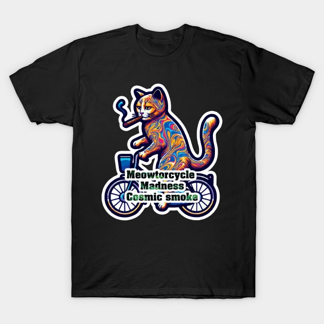 Psychedelic Cat on a Bike Smoking a Cigarette - Meowtorcycle madness T-Shirt by diegotorres